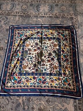Cream Floral Silk-Feel Square Scarf with Navy & Teal Accents